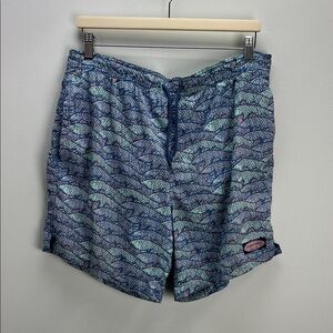 Vineyard Vines Chappy Swim Trunks Fish Print Blue Green Mens Medium Resort Wear